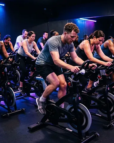 Aula de bicicleta estática numa sala com luz azul, fotografia provisória.