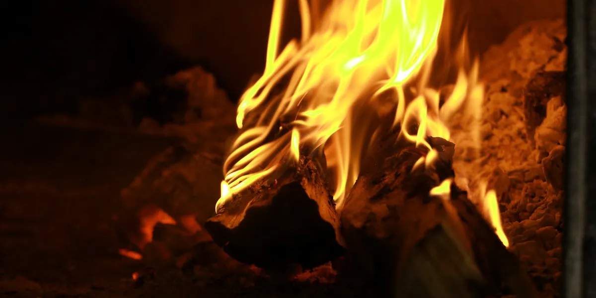 Chamas dentro de um forno a lenha, com a lenha a arder