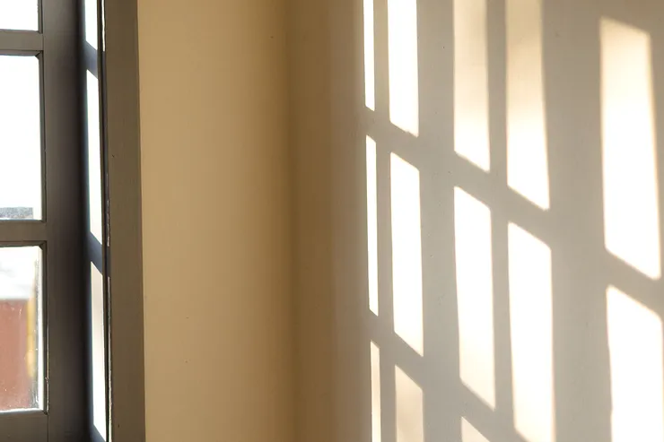 Luz da manhã a atravessar uma janela e a desenhar sombras na parede.